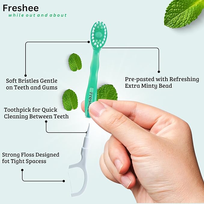 Freshee Bead -5 in 1 Disposable Mini Toothbrush with Toothpaste Bead + Floss + Pick + Tongue Scraper | Travel Size | Individually Wrapped | Soft | Extra Mint | Travel Set | Oral Care