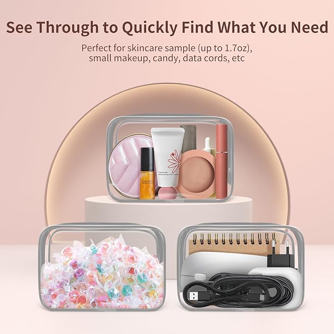 TISRATOK 12 PCS Clear Makeup Bag for Women with Zipper, TSA Approved Toiletry Pouch, Cosmetic Bag Bulk for Travel Organizer Essentials - Grey,Small