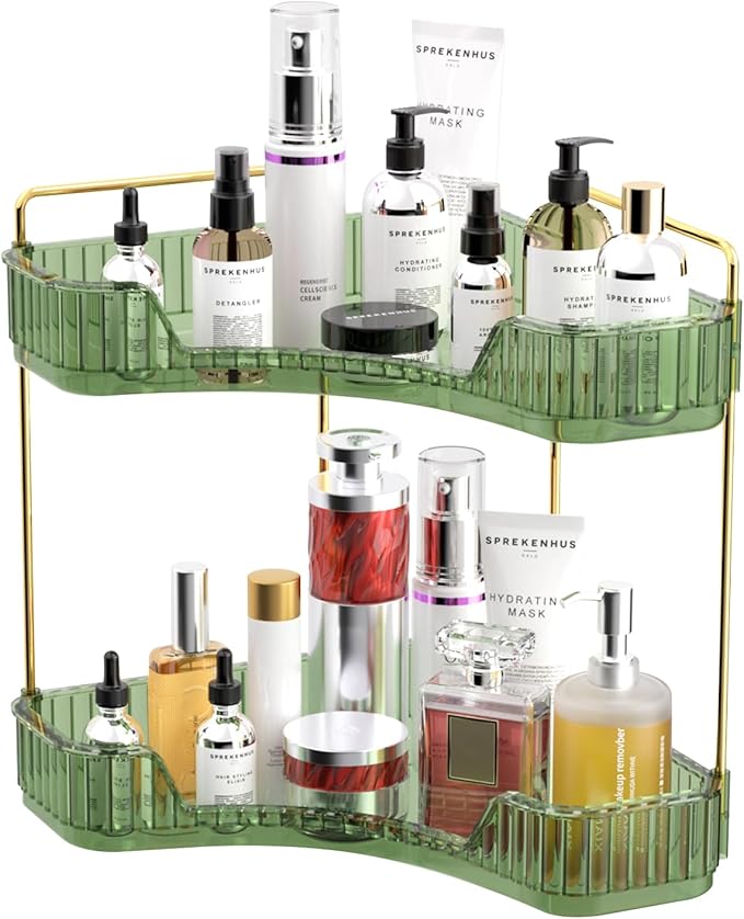 GTI 2 Tier Bathroom Counter Organizer, Multi-Function Corner Bathroom Organizer Countertop,Makeup Organizer Perfume for Dresser Vanity Tray, Spice Rack Organizer for Kitchen (Clear)