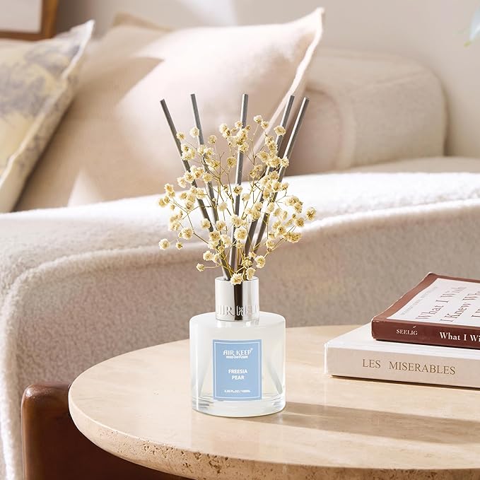 Airkeep Reed Diffuser Set,3.38 fl oz (100 ml) - Freesia Pear Oil Diffusers with 8 Reed Sticks, Home Fragrance Reed Diffuser for Bathroom Shelf Decor