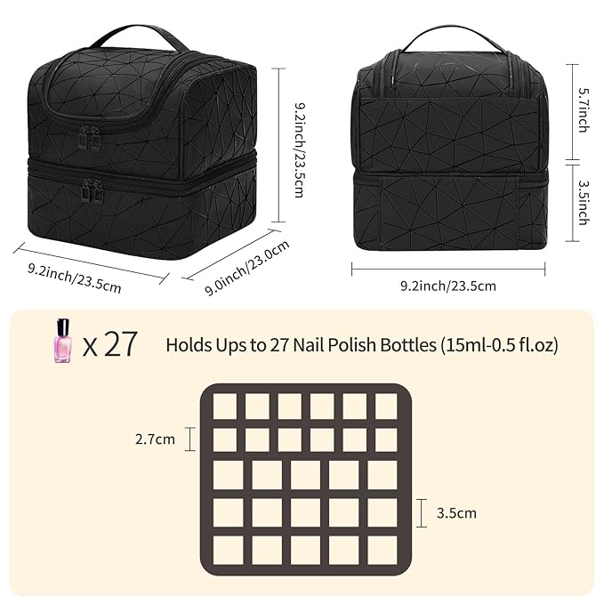 CUBETASTIC Nail Polish Organizer, Cute Nail Tech Organizers And Storage Bag Holds 45 Bottles & UV Nail Lamp, Compact Double-Layer Travel Nail Supplies Case for Nail Kit (Triangle Black, 27 Slots)