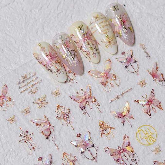 Butterfly Nail Art Stickers Decals 5D Butterfly Nail Stickers Pink Seashell 5D Embossed Shinny Butterflies Nails Design Decals Butterflies Stickers for Women DIY Manicure Nails Art Decorations