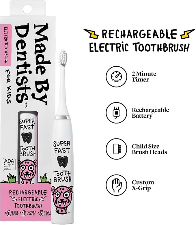 Made by Dentists Kids Electric Toothbrush - Rechargeable Vibrating Toothbrush with Timer, Includes 6 Replacement Heads, Gently Cleans Teeth, Girls and Boys, Kid & Toddlers Age 2+, Cheetah