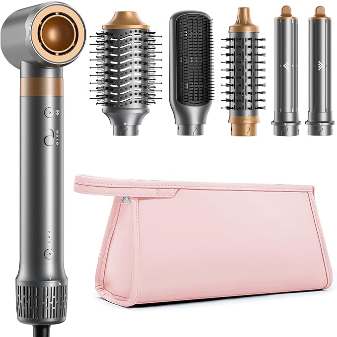 6 in 1 Hot Air Styler & Hair Styler- High-Speed Hair Dryer Brush, Fast Drying Blow Dryer Brush No Heat Damage Multi-Styler Auto Wrap Curlers for Volumizing Curl Straighten Frizz-Free with Travel Bag