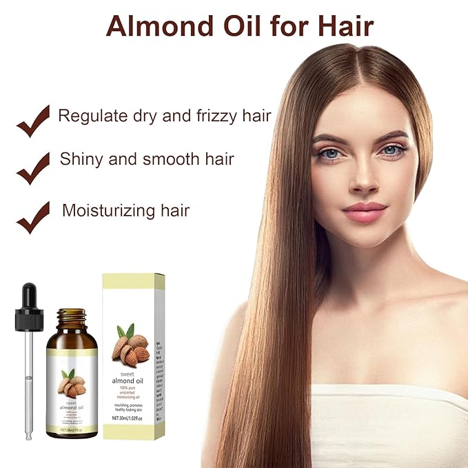 Sweet Almond Oil, Organic Sweet Almond Oil for Face, Skin, Body, Hair, Massage, Nails, Moisturizing and Softening Skin, Anti-Aging, Reduce Fine Lines, 100% Cold Pressed Sweet Almond Oil
