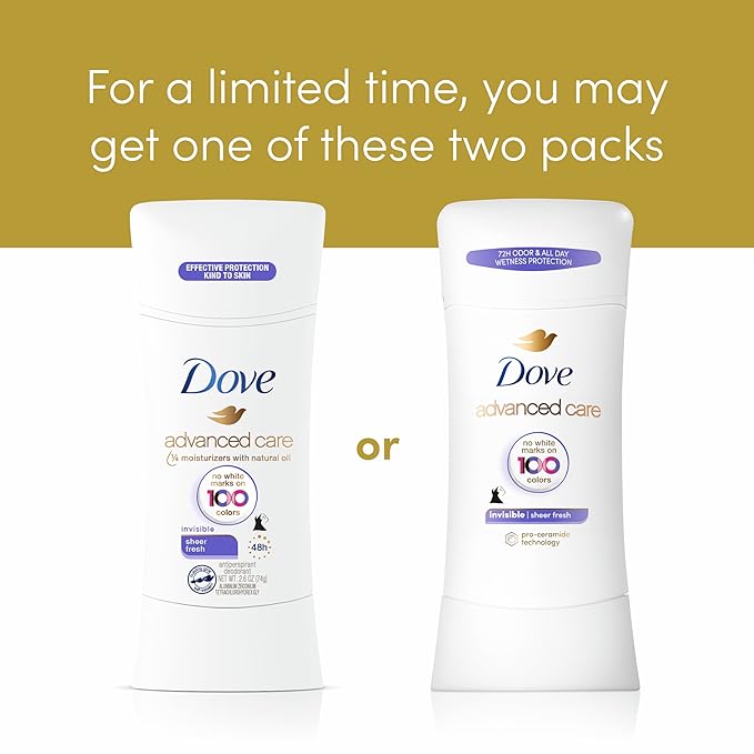 Dove Advanced Care Antiperspirant Deodorant Stick Sheer Fresh 4 Count Anti-stain antiperspirant deodorant for soft underarms 72-hour underarm odor protection and all-day sweat control 2.6 oz