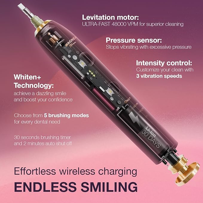 Wagner Stern WHITEN+ Edition. Whitening Electric Toothbrush with Pressure Sensor. Offers 5 Brushing Modes, 3 intensities, 8 Soft Brush Heads, and a Luxury Travel case.