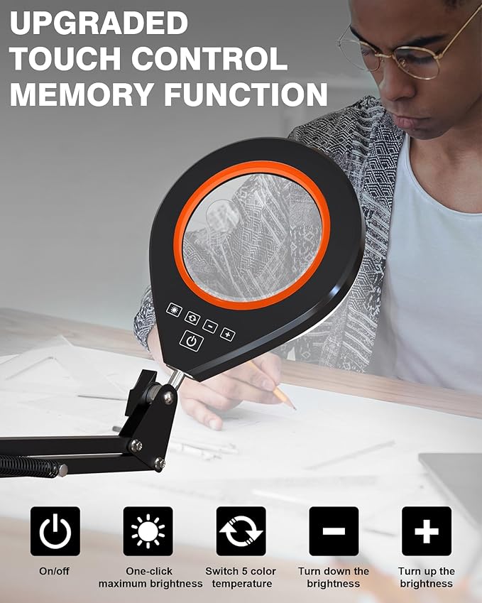 10X & 5X Magnifying Glass with Light, Ultra Long Swing Arm, 5 Colors & 10 Brightness, Real Glass Lens Large Magnifying Lamp for Craft Painting Workbench Jewelry Making Hobby Close Work (Orange)