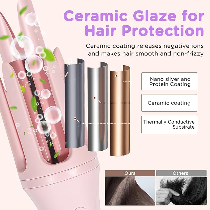 Automatic Curling Iron, 1.5 Inch Hair Curler with 4 Temp. Options, 10S Fast Heating, 2-Way Rotation, 30 Min Auto Shut-Off, Anti-Scald-Tangle for Long Hair, Dual Voltage for Travel (Pink)