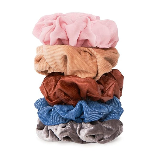 Gimme Beauty - Hair Scrunchies Variety Pack - Denim, Corduroy, Faux Leather, Blush, and Velvet Scrunchies - Gentle All Day Hold Hair Styling Accessories - No-Slipping, Snagging or Creasing (5 Count)