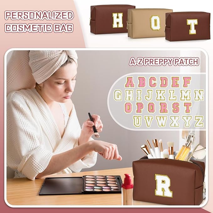 TOPEAST Monogrammed Gifts for Women, Preppy Makeup Bag Small Cosmetic Bag Travel Toiletry Bag, Personalized Birthday Gift for Girl, Wedding Bridal Shower Gifts for Bridesmaids (Brown M)