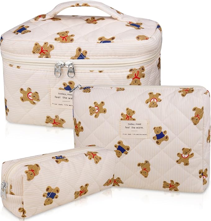 3PC Makeup Bag Set, Quilted Makeup Bag, Large Floral Cosmetic Bag for Women, Cute Cotton Makeup Bags, Flower Travel Toiletry Organizer Bag (Bear)