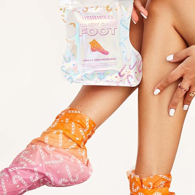 Vitamasques Candy Cane Moisturizing Foot Mask 5 Pairs - Korean Foot Mask with Shea Butter, Nourishing Feet Masks & Foot Moisturizing Socks for Hydration, Soft Skin & Relaxing Self-Care