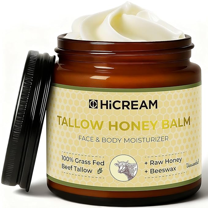 Beef Tallow for Skin, Beef Tallow and Honey Balm, 100% Organic Grass-Fed Beef Tallow Balm, Face & Body Moisturizer, Deeply Nourishment for Dry, Cracked, Sensitive Skin, Natural Formula (4 Oz)
