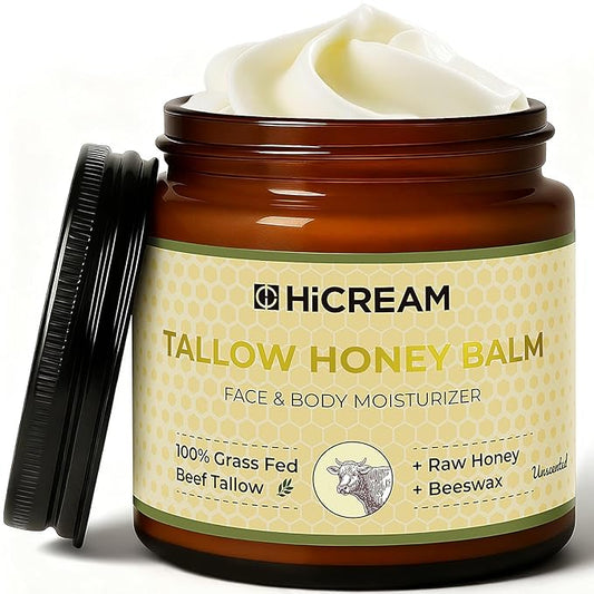 Beef Tallow for Skin, Beef Tallow and Honey Balm, 100% Organic Grass-Fed Beef Tallow Balm, Face & Body Moisturizer, Deeply Nourishment for Dry, Cracked, Sensitive Skin, Natural Formula (4 Oz)