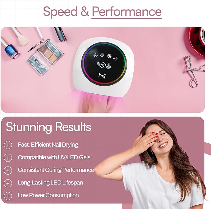 M - HaloLite LED Nail Curing Lamp 98W, 32 LEDs, Wireless Rechargeable with 5200mAh Battery, Fast UV/LED Gel Nail Dryer for Salon & Home Use, Long-Lasting, Portable, Cordless Design (Pink)