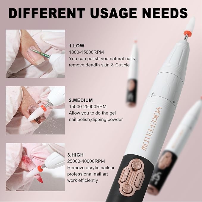 YOKE FELLOW Electric Nail Drill - 40000 RPM Protable Electric Nail File for Acrylic Cordless Nail Drill Professional with 17 Drill Bits for Nail Salon(YK-111Pro)