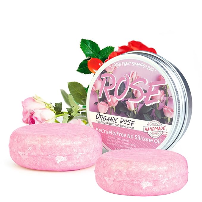 Handmade Solid Shampoo Bar Set of 2, Rose Hair Soap for Nourishing, Deeping Cleaning and Caring Scalp, Rose Flowers Extract Organic Shampoo Bars for All Hair Types, Sulfate & Silicone Free