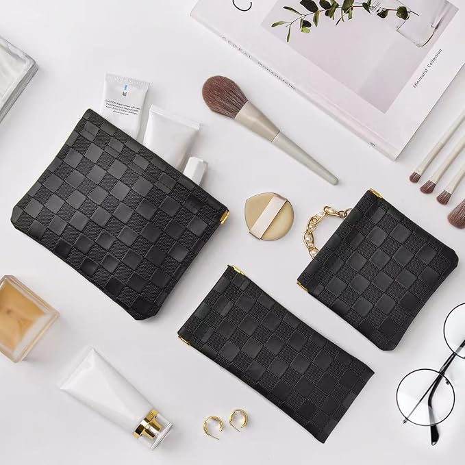 3PCS Small Makeup Bag for Purse，Waterproof Leather Portable Mini Makeup Bag,Snap Closure Organizer Pouch for Coin Cards Jewelry Lipstick Cosmetic Accessories，Small Travel Kit Storage Pouch