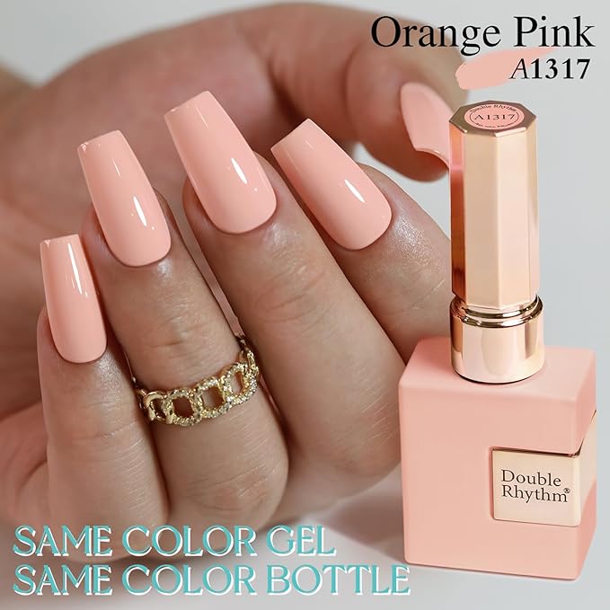 Double Rhythm Gel Polish 15ML Pure Sheer Same Color Same Bottle Soak Off Gel Polish Nail Art Manicure Salon DIY at Home for Women (Milky Orange Pink-A1317)