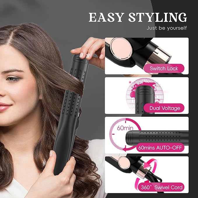 SKIMI Airflow Styler, Titanium Flat Iron Hair Straightener, Professional Curling Iron with Cooling Air Vents to Lock in Style, 5 Temps & Dual Voltage, Auto Off (Black & Pink).