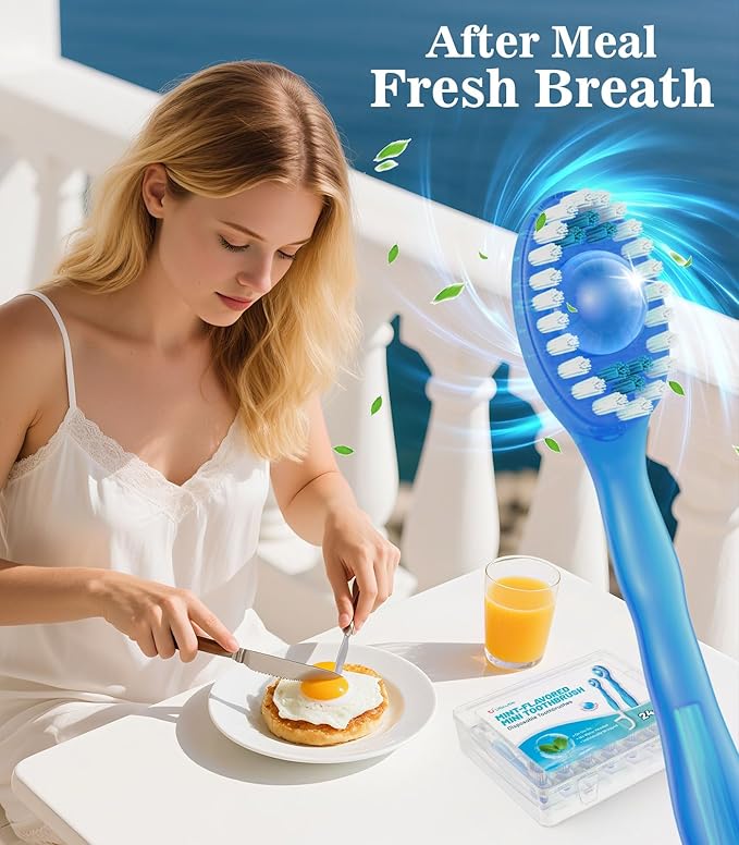 48 Pack 5 in 1 Disposable Mini Toothbrushes with Toothpaste, Floss, Pick & Tongue Scraper, Individually Wrapped, Portable Toothbrush Travel Set for Kids Adults, Mint Flavor