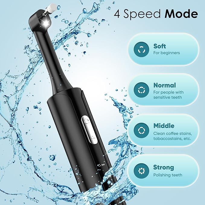 Tooth Polisher, Rechargeable Teeth Polisher with 5 Brush Heads, 4 Speed Modes, Tooth Whitening for Cleaning and Polishing, LED Light, 3 Polish Pastes, IPX6 Waterproof Teeth Cleaning Tools, Black