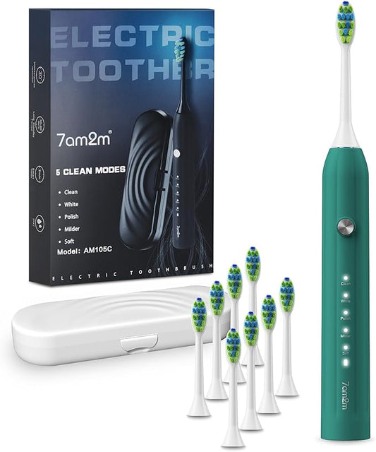 7AM2M Sonic Electric Toothbrush for Adults and Kids, with 8 Brush Heads and Travel Case,5 Modes with 2 Minutes Built in Smart Timer, One Charge Use for 90 Days,Rechargeable Toothbrushes(Peacock Green)