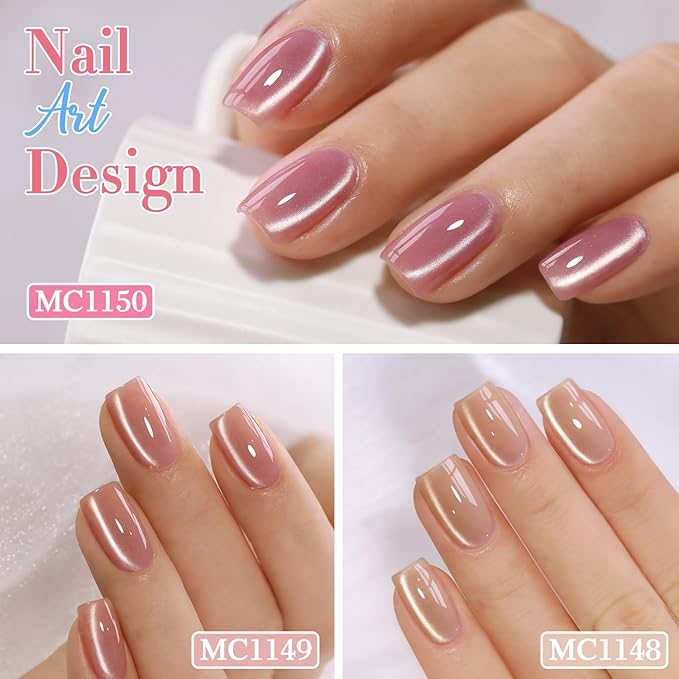 Double Rhythm Cat Eye Gel Nail Polish Set of 6 Same Color Same Bottle 0.5 Oz Shimmer Glitter with Magnet Holographic Reflective Magnetic UV Nail Polish Kit at Home (Silver Nude Pink-T6-27)