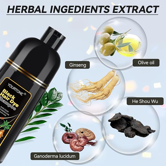 Black Hair Dye Shampoo Instant & Easy 3-in-1 Hair Color Solution for Men and Women - Herbal Formula, Ammonia-free, Lasts 30 Days - 16.90 oz