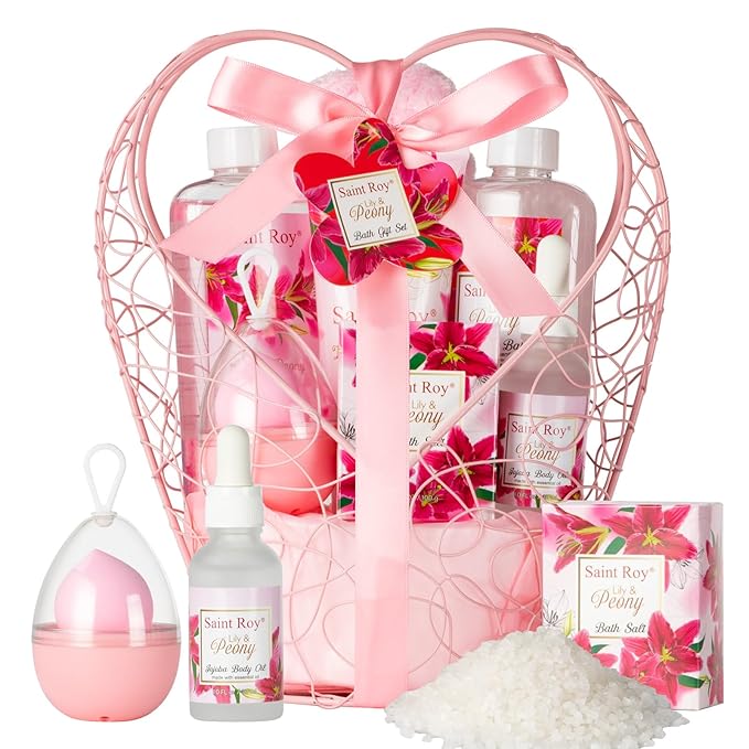 Gift Basket Christmas Gifts for Women Spa Set Lily & Peony Home Spa Set, Beauty Personal Care Set Jojoba Oil, Spa Self Care Kit, Bath Body For Thank You, Birthday Gifts