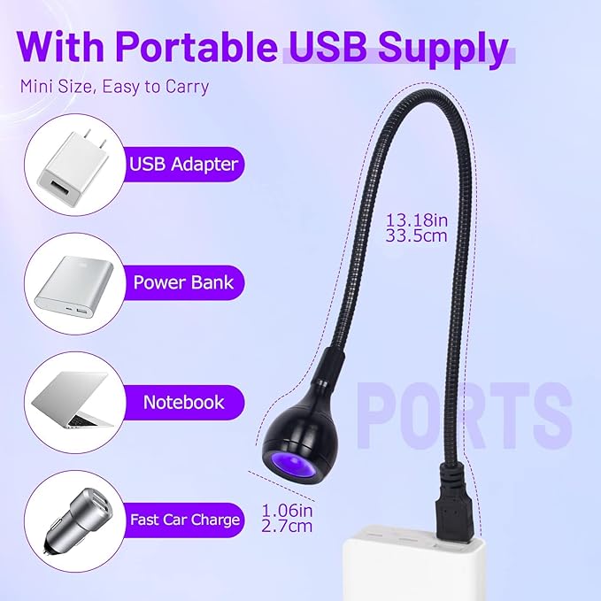AORAEM LED Nail Lamp 3W LED Nail Portable Manicure Dryer Gel Polish Curing Light with Black Gooseneck Uv Light for Gel Nails Tips USB Plug Play Nails Salon and Home DIY
