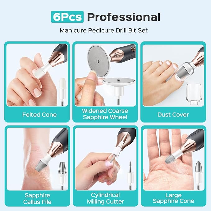 COSLUS Professional Manicure Pedicure Kit, 5-in-1 Electric Nail File for Toenail Hand Feet Care - Wider Grinder for Thick Nails, Cordless, 5 Speed, for Men Women Seniors Home Salon, Black, C43(END10)