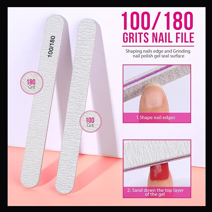 Teenitor gel nail remover kit with10pcs Gel Clip Remover, Brush for Nails, Nail Files 100/180, Buffer Block 400/4000, Stainless SteelCuticle Peeler and 115pcs Lint Free Cotton Pads Nail Wipe Clear