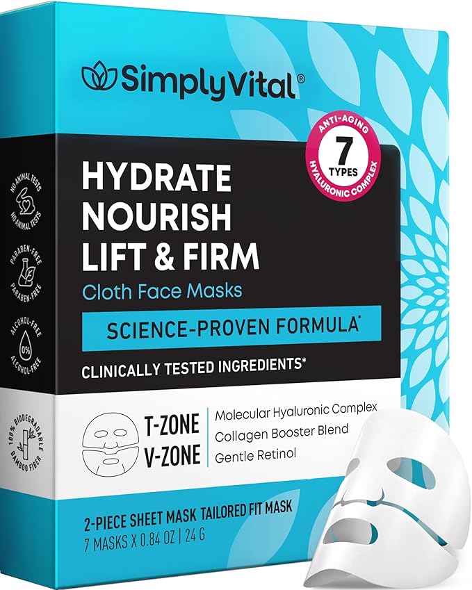 SimplyVital Collagen Facial Mask with Retinol & Hyaluronic Acid - Hydrating Face Masks Skincare - Visibly Firming and Lifting T Line & V Line Sheet Mask for Women - Mascarillas Para la Cara - 7 Pack