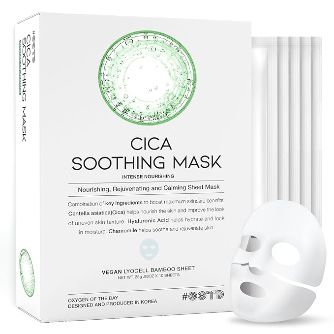 #OOTD Cica Calming Mask for Face Sensitive Irritated Skin, Soothing, Moisturizing, Korean Anti Aging Face Mask, Eve Vegan, Chamomile, Hyaluronic Acid 10EA