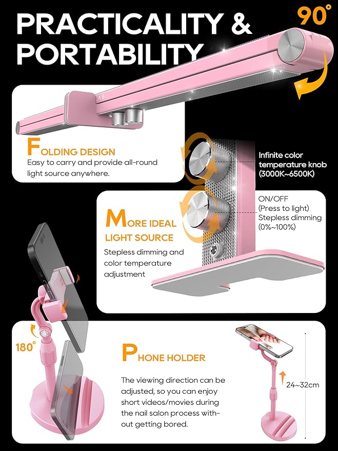 Upgraded Nail Tech Lamp for Desk, 32 in Foldable Large Nail Light with Phone Holder, 3000K-6000K CRI＞95 LED Manicure Lamp, Half Moon Light for Lash Eyelash Extension, Tattoo, Eyebrows-Diamond Pink