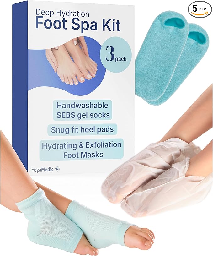 YOGAMEDIC Foot Care Kit - 3 Hydrating & Exfoliating Foot Masks for Dry Feet & 2 Cork Massage Balls for Relaxation