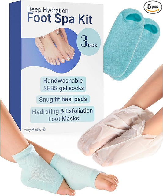 YOGAMEDIC Foot Care Kit - 3 Hydrating & Exfoliating Foot Masks for Dry Feet & 2 Cork Massage Balls for Relaxation