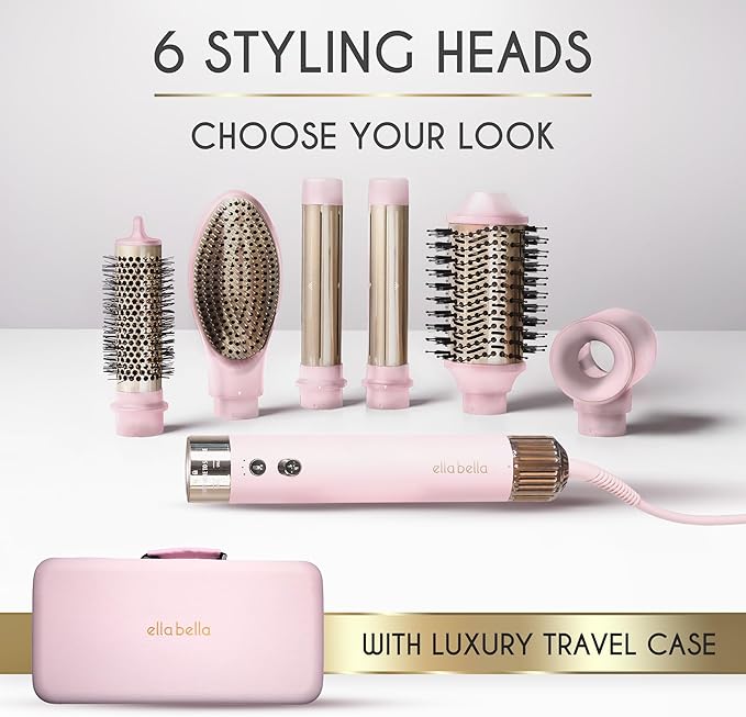 ELLA BELLA® 6 in 1 Professional Hot Air Styler • Powerful Hair Dryer & Straightener Set • Styling Without Heat Damage • Fast Drying Curling Volumizing Straightening • Protective Travel Case (Pink)
