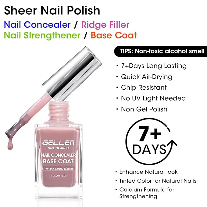 GELLEN 4-In-1 Dusty Purple Rose Illuminating Nail Concealer Base Coat Polish, Fall Sheer Mauve Nail Strengthener Ridge Filler for Nails, Smoothes Strengthens Nails, Quick Dry, Hema Free Non-toxic