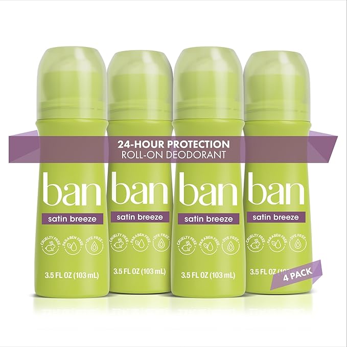 Ban Invisible Roll-on Antiperspirant Deodorant for Women and Men, 24-hour Underarm Odor & Sweat Protection, Satin Breeze, 3.5 Oz, Pack of 4