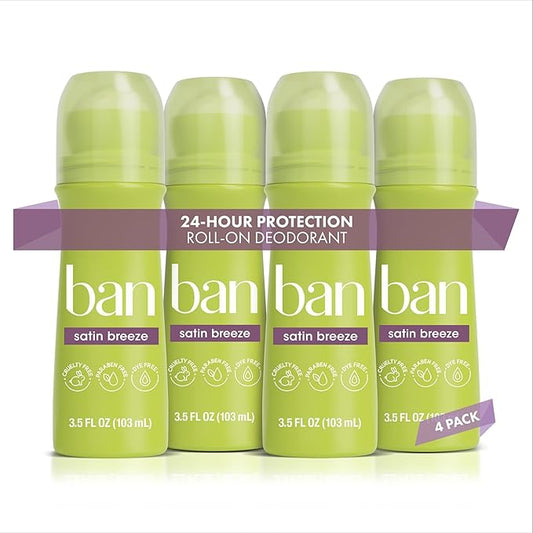 Ban Invisible Roll-on Antiperspirant Deodorant for Women and Men, 24-hour Underarm Odor & Sweat Protection, Satin Breeze, 3.5 Oz, Pack of 4