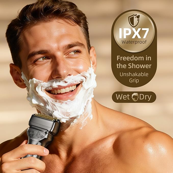 Electric Foil Shaver for Men: Rechargeable Razor with Push-Up Trimmer for Face - Cordless Wet/Dry/Anti-Slip Waterproof Shavers with LED Display - Metal Handheld Design, Gray Silver