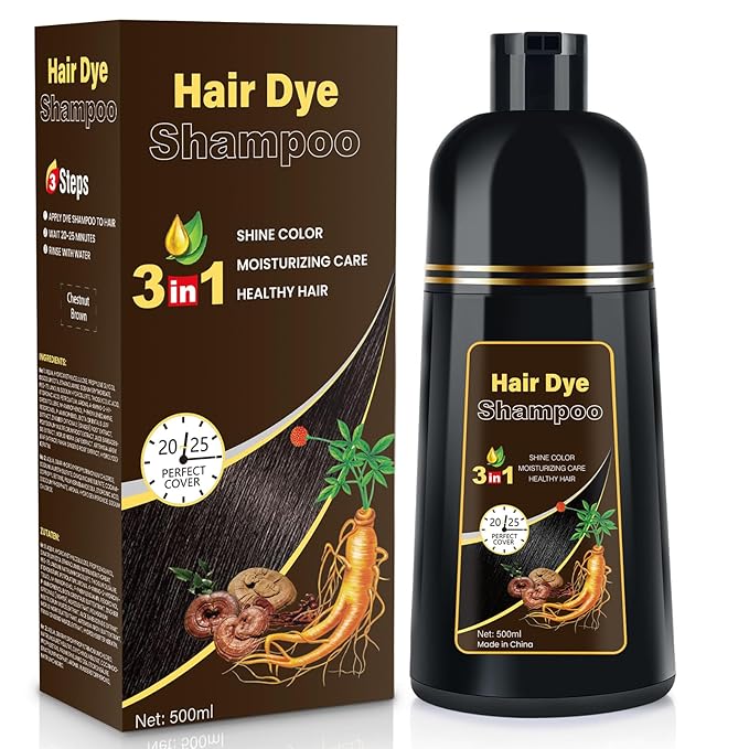 Hair Dye Shampoo Chestnut Brown Men and Women Instant & Easy 3-in-1 Hair Dye Shampoo with Herbal Ingredients Ammonia-free Lasts 30 Days-500ml