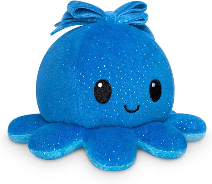 TeeTurtle - The Original Reversible Octopus Plushie - Blue Sparkle + Bow - Cute Sensory Fidget Stuffed Animals That Show Your Mood 4 inch