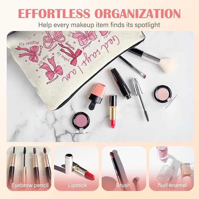 God Says I am Christian Makeup Bag for Women, Christian Gifts for Women Faith, Jesus Coquette Pink Bow Cosmetic Bag for Purse, Bible Verse Makeup Zipper Pouch