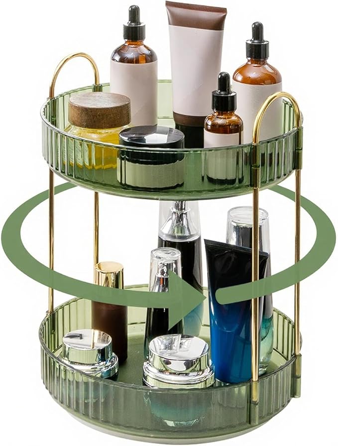 360° Rotating Makeup Organizer, Bathroom Make Up Spinning Holder Rack, Large Capacity Cosmetics Storage Vanity Shelf Countertop, Fits Cosmetics, Perfume, Skincare, Lipsticks(2 Tiers, Green)