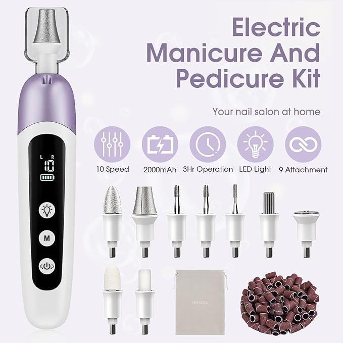 Professional Manicure Pedicure Kit with Memory Modes, Cordless Electric Nail File Set 10 Speed Portable Nail Drill Machine, Pedicure Tools for feet, Hand Foot Care Tool for Thick Nail Toenail Cuticle