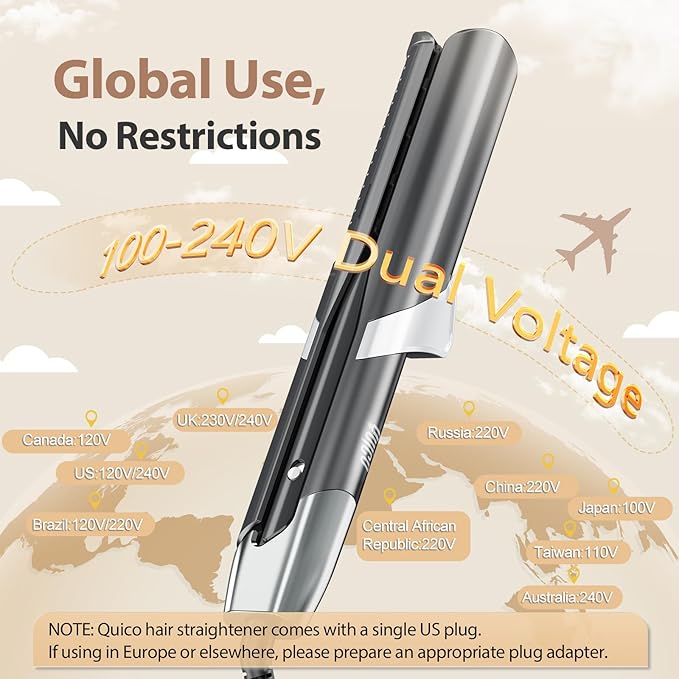 Quico Hair Dryer Air Straightener, Wet to Dry Ionic Hair Straighteners with High-Speed Airflow, 5 Temps & Dual Voltage, 2-in-1 Flat Iron and Blow Dryer, Black Grey